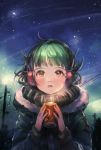  1girl black_eyes blush can coat commentary dark drink earmuffs green_hair holding looking_up night night_sky nightmare-kck open_mouth original power_lines reflective_eyes scarf sky solo star_(sky) starry_sky telephone_pole tree winter_clothes winter_coat 