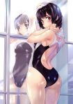  1girl absurdres ass ass_visible_through_thighs black_eyes black_hair breasts competition_swimsuit cowboy_shot eyebrows_visible_through_hair from_behind highres looking_back nagayori one-piece_swimsuit original parted_lips reflection scan shiny shiny_skin shiny_swimsuit short_hair small_breasts solo swimsuit towel towel_around_neck wet 