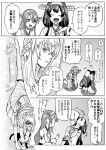  3girls :d ahoge bare_shoulders braid closed_eyes comic commentary_request crown detached_sleeves double_bun dress french_braid greyscale hair_between_eyes hairband haruna_(kantai_collection) headgear highres japanese_clothes kantai_collection kongou_(kantai_collection) long_hair long_sleeves mini_crown monochrome multiple_girls munmu-san musical_note nontraditional_miko off-shoulder_dress off_shoulder open_mouth pleated_skirt quaver ribbon-trimmed_sleeves ribbon_trim skirt smile speech_bubble thigh-highs translation_request warspite_(kantai_collection) wide_sleeves 
