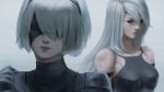  2girls allen_hsieh bangs bare_shoulders black_blindfold black_dress black_hairband blindfold blurry breasts covered_eyes crying dress facing_viewer grey_hair hair_between_eyes hairband highres lips long_bangs long_hair looking_at_viewer medium_breasts mole mole_under_mouth multiple_girls nier_(series) nier_automata parted_lips puffy_sleeves short_hair tears turtleneck yorha_no._2_type_b yorha_type_a_no._2 