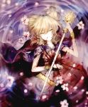  1girl blonde_hair blood blood_on_face blood_splatter bloody_clothes bracelet cape earmuffs flower highres huang_li_ling injury jewelry looking_at_viewer lying on_back partially_submerged petals short_hair sleeveless solo sword touhou toyosatomimi_no_miko water weapon yellow_eyes 