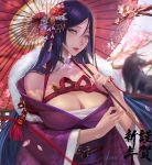  1girl bare_shoulders blurry breasts cherry_blossoms cleavage depth_of_field fate/grand_order fate_(series) gtunver hair_ornament highres japanese_clothes kimono large_breasts long_hair looking_at_viewer minamoto_no_raikou_(fate/grand_order) oriental_umbrella parted_lips petals purple_hair smile solo umbrella very_long_hair 