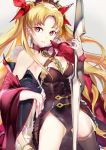  119 1girl bare_shoulders black_legwear blonde_hair breasts cleavage crown ereshkigal_(fate/grand_order) fate/grand_order fate_(series) highres holding holding_weapon long_hair looking_at_viewer medium_breasts parted_lips red_eyes single_thighhigh sleeveless solo thigh-highs two_side_up weapon 