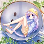  1girl :o absurdres animal_ears ass azur_lane bangs bare_legs barefoot blue_eyes blue_shirt blush bow cat_ears cat_girl cat_tail chinomaron coffee_beans commentary_request cosplay cup ears_through_headwear eyebrows_visible_through_hair feet gochuumon_wa_usagi_desu_ka? hair_between_eyes hat highres in_container in_cup kafuu_chino kemonomimi_mode kisaragi_(azur_lane) kisaragi_(azur_lane)_(cosplay) long_sleeves looking_at_viewer looking_to_the_side lying minigirl on_side parted_lips pleated_skirt purple_hair saucer school_hat shirt signature skirt soles solo tail tail_bow toes yellow_bow yellow_hat yellow_skirt 