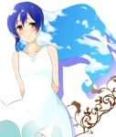  1girl arms_behind_back bangs bare_shoulders blue_hair blush closed_mouth dress hair_between_eyes long_hair love_live! love_live!_school_idol_project simple_background smile solo sonoda_umi white_background white_dress yellow_eyes yomotsuka_tsukasa 