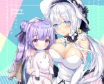  2girls ahoge azur_lane bangs bare_shoulders black_ribbon blue_eyes blush breasts cleavage closed_mouth collarbone commentary_request detached_collar detached_sleeves dress elbow_gloves eyebrows_visible_through_hair flight_deck gem gloves hair_bun hair_ornament hair_ribbon hand_on_another&#039;s_head hat illustrious_(azur_lane) large_breasts long_hair long_sleeves looking_at_viewer multiple_girls nagare_yoshimi object_hug one_side_up purple_hair ribbon side_bun silver_hair smile strapless strapless_dress stuffed_animal stuffed_pegasus stuffed_toy stuffed_unicorn unicorn_(azur_lane) very_long_hair violet_eyes white_dress white_gloves white_hat 