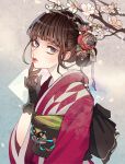  1girl absurdres bangs blue_eyes brown_hair butterfly_ornament closed_mouth commentary ears_visible_through_hair flower gloves hand_on_own_chin highres japanese_clothes kimono looking_at_viewer multicolored multicolored_background open_eyes original remon_(10112) shadow short_hair solo 