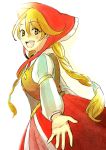  1girl 72yan blonde_hair bonnet braid breasts coat commentary_request cordelia_(saga) dress head_scarf juliet_sleeves long_hair long_sleeves puffy_sleeves red_eyes saga saga_frontier_2 smile solo twin_braids twintails white_background 