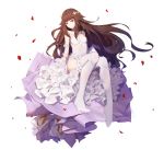  1girl asa_ni_haru bare_shoulders breasts brown_eyes brown_hair dress forever_7th_capital highres long_hair looking_at_viewer medium_breasts petals simple_background sitting solo thigh-highs very_long_hair white_background white_legwear 