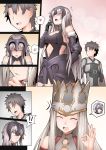  1boy 2girls anger_vein armor black_dress black_hair blonde_hair blush comic dress dress_of_heaven fate/grand_order fate_(series) fujimaru_ritsuka_(male) fur_trim ginhaha irisviel_von_einzbern irisviel_von_einzbern_(caster) jeanne_d&#039;arc_(alter)_(fate) jeanne_d&#039;arc_(fate)_(all) long_hair multiple_girls pacifier short_hair stuffed_animal stuffed_toy teddy_bear wide-eyed yellow_eyes 