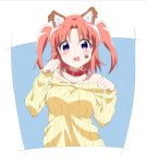  1girl animal_ears bare_shoulders blush breasts collar collarbone dog_collar dog_ears fang highres looking_at_viewer medium_breasts mikakunin_de_shinkoukei open_mouth paw_pose paw_print pink_hair short_twintails solo sweater twintails upper_body violet_eyes yonomori_kobeni 