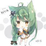  1girl :3 :d ahoge akashi_(azur_lane) animal_ears asymmetrical_legwear azur_lane bangs black_bow black_footwear blush bow braid brown_eyes cat_ears chibi commentary_request dress eyebrows_visible_through_hair fang green_hair hair_between_eyes hair_bow hair_ornament highres kneehighs long_hair long_sleeves looking_at_viewer open_mouth romaji saeki_sora single_kneehigh single_sock sleeves_past_wrists smile socks solo standing very_long_hair white_dress white_legwear wide_sleeves wrench 