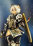  1girl animal_ears armor blue_eyes cat_ears cat_tail doraeshi facial_mark final_fantasy final_fantasy_xi gauntlets highres light_particles mithra paladin_(final_fantasy) pauldrons shield short_hair signature silver_hair solo sword tail thigh-highs tiara weapon 