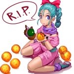 1girl :o absurdres blue_eyes blue_footwear blue_hair bow braid brown_gloves bulma character_name clothes_writing dragon_ball dragon_ball_(object) full_body gloves hair_bow highres holding jojaow pink_shirt pink_skirt ponytail red_bow shirt shoes short_hair simple_background single_glove sitting skirt socks solo speech_bubble tsuru_hiromi wariza white_background 