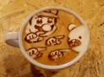  1boy bkub_(style) coffee colopl commentary cup drink facial_hair george_(yamamoto_kazuki) hat highres latte_art mario super_mario_bros. mustache parody photo pointing style_parody table teacup 