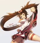 1girl alternate_color bare_shoulders black_panties breasts brown_eyes brown_hair china_dress chinese_clothes clenched_hands covered_navel detached_sleeves dress erect_nipples fighting_stance groin guilty_gear guilty_gear_xrd hair_ring hair_tubes highres impossible_clothes impossible_dress k1_(erin22) kuradoberi_jam large_breasts long_hair panties pantyshot player_2 solo twintails underwear very_long_hair