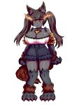  1girl alternate_costume alternate_hairstyle animal_ears arms_at_sides black_choker black_hair black_sclera black_skin breasts burning_eyes choker claws dog_ears dog_tail eyebrows_visible_through_hair full_body fur hellhound highres huge_breasts long_hair looking_at_viewer monster_girl monster_girl_encyclopedia nav paws red_eyes simple_background solo standing tail triangle_mouth twintails white_background 