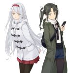  2girls alternate_costume arms_behind_back artist_name black_legwear casual cellphone coat dated fashion green_eyes green_hair hair_ribbon hairband hand_in_pocket kantai_collection leaning_forward legwear_under_shorts long_hair looking_at_viewer multiple_girls pantyhose phone pleated_skirt ribbon rokuwata_tomoe shorts shoukaku_(kantai_collection) signature silver_hair simple_background skirt smartphone standing toggles trench_coat turtleneck twintails twitter_username white_background winter_clothes winter_coat yellow_eyes zuikaku_(kantai_collection) 