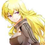  1girl alternate_costume artist_request blonde_hair commentary_request jacket rwby smile teeth violet_eyes white_background yang_xiao_long 
