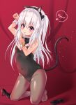  1girl :p animal_ears bare_arms bare_shoulders black_bow black_bowtie black_footwear black_hairband black_legwear blush bow bowtie breasts cat_ears cat_tail collar covered_navel detached_collar eyebrows_visible_through_hair fake_animal_ears finger_to_mouth full_body hair_between_eyes hairband hands_up high_heels highres kakoto kneeling leotard long_hair looking_at_viewer nyan original pantyhose paw_pose shoes shoes_removed sidelocks small_breasts solo tail tongue tongue_out violet_eyes white_collar white_hair 