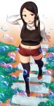  1girl :d arm_behind_head black_hair black_legwear brown_eyes bubble day highres navel neri_kouji open_mouth original outdoors path red_footwear red_shorts road short_shorts shorts smile standing thighs 