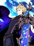  1boy armor blonde_hair blue_eyes cape clouds dated gloves granblue_fantasy looking_at_viewer nozomu144 sheath sheathed siete sky smile solo sparkle star sword twitter_username weapon 
