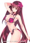  1girl absurdres arm_up bikini breasts cleavage contrapposto cowboy_shot eyebrows_visible_through_hair fate/grand_order fate_(series) flower from_side hair_between_eyes hair_flower hair_ornament highres large_breasts long_hair matsuryuu navel parted_lips pink_bikini purple_hair red_eyes scan scathach_(fate/grand_order) scathach_(swimsuit_assassin)_(fate) simple_background solo strap_gap swimsuit under_boob very_long_hair white_background 