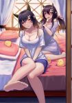  2girls 5555_96 abukuma_(azur_lane) adjusting_another&#039;s_hair alternate_costume animal_ears azur_lane barefoot black_bra black_hair blush bra breasts brown_eyes cleavage collarbone commentary_request curtains feet hair_ornament hairclip highres indoors large_breasts long_hair looking_at_viewer multiple_girls nagara_(azur_lane) on_bed open_mouth shirt short_sleeves smile toes twintails underwear white_shirt 