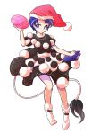  1girl :3 :d alphes_(style) apron bare_arms blue_eyes blue_hair book dairi doremy_sweet dream_soul dress facing_away full_body hat holding legs_apart looking_away looking_to_the_side nightcap open_mouth parody pom_pom_(clothes) red_hat short_hair short_sleeves simple_background smile socks solo style_parody tail tapir_tail touhou transparent_background waist_apron white_apron white_legwear 