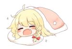  1girl :d =_= ^_^ ahoge blanket blonde_hair blush braid closed_eyes facing_viewer fang food_print futon kirisame_marisa mushroom_print open_mouth pillow riza_dxun side_braid single_braid smile solo touhou under_covers 