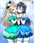  2girls bare_shoulders blue_dress blue_hair bow cheek-to-cheek closed_mouth commentary_request dress earrings gloves green_dress grey_hair hair_between_eyes hair_ornament hair_ribbon hands_together highres jewelry kira-kira_sensation! kisaragi_mizu long_hair love_live! love_live!_school_idol_project minami_kotori multiple_girls one_eye_closed one_side_up open_mouth ribbon simple_background smile sonoda_umi tearing_up white_gloves white_legwear yellow_eyes yuri 