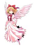  1girl alphes_(style) black_vest blonde_hair bow bowtie closed_mouth dairi eyebrows eyebrows_visible_through_hair feathered_wings feathers full_body gengetsu hair_bow highres long_skirt long_sleeves open_clothes open_vest parody puffy_long_sleeves puffy_sleeves red_bow red_neckwear shirt short_hair simple_background skirt skirt_set smile socks solo style_parody touhou touhou_(pc-98) transparent_background vest white_legwear white_shirt white_skirt white_wings wings yellow_eyes 