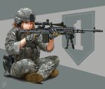  1girl aiming army battle_rifle camouflage digital_camouflage gloves gun helmet highres jpc m14 one_eye_closed original rifle signature us_army weapon 