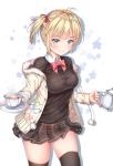  1girl ahoge blonde_hair breasts brown_skirt cenangam collar cowboy_shot girls_frontline green_eyes holding holding_plate looking_at_viewer medium_breasts open_clothes plate red_neckwear shirt short_hair skirt smile solo standing taut_clothes taut_shirt tea thigh-highs twintails welrod_mk2_(girls_frontline) zettai_ryouiki 