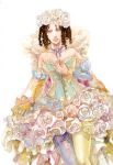  1girl breasts cleavage commentary_request curly_hair dress elbow_gloves flower gloves lomacchi long_hair princess_white_rose rose saga saga_frontier solo traditional_media watercolor_(medium) white_flower white_rose 