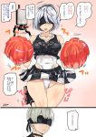  1boy 1girl 2koma adapted_costume ashiomi_masato black_skirt blindfold blush breasts cheering cheerleader choker comic commentary_request covered_eyes covered_navel drone expressionless jumping leotard leotard_under_clothes medium_breasts nier_(series) nier_automata pod_(nier_automata) pom_pom_(clothes) skirt sweatdrop thigh_gap translation_request white_leotard yorha_no._2_type_b yorha_no._9_type_s 
