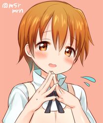  1girl apron bangs black_neckwear blush bow bowtie brown_background brown_eyes brown_hair collared_shirt eyebrows_visible_through_hair fingernails flying_sweatdrops hair_between_eyes head_tilt inami_mahiru looking_at_viewer marshmallow_mille parted_lips shirt short_hair simple_background solo steepled_fingers tears twitter_username uniform waitress white_shirt working!! 