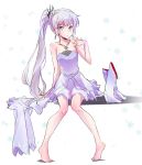  1girl blue_eyes boots check_commentary clothes_removed commentary_request dress iesupa jacket jacket_removed rwby scar scar_across_eye solo strapless strapless_dress weiss_schnee white_hair 