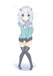  /\/\/\ 1girl absurdres bangs black_legwear blue_eyes blush bow closed_mouth clothes_tug commentary_request covering covering_crotch eromanga_sensei eyebrows_visible_through_hair full_body green_jacket hair_between_eyes hair_bow highres hood hood_down hooded_jacket izumi_sagiri jacket jacket_tug knees_together_feet_apart looking_at_viewer pink_bow silver_hair solo standing tears thigh-highs tiptoes white_background yasuhisa_(18456628) 