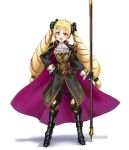  1girl armored_boots athenawyrm belt black_bow black_footwear black_gloves blonde_hair boots bow camus camus_(cosplay) cape cosplay cravat elise_(fire_emblem_if) fire_emblem fire_emblem:_mystery_of_the_emblem fire_emblem_heroes fire_emblem_if gloves hair_bow hand_on_hip long_hair long_sleeves multicolored_hair open_mouth polearm purple_hair simple_background solo twintails violet_eyes weapon white_background 