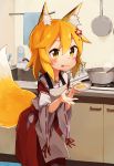  1girl :p animal_ears apron blonde_hair blush brush commentary_request cooking dish flower food fox_ears fox_tail hair_between_eyes hair_flower hair_ornament holding japanese_clothes kitchen miko pot ribbon-trimmed_sleeves ribbon_trim rimukoro senko_(sewayaki_kitsune_no_senko-san) sewayaki_kitsune_no_senko-san sink smile solo soup standing stove tail tongue tongue_out towel wide_sleeves yellow_eyes 