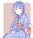  1girl bangs blue_hair blush commentary_request eyebrows_visible_through_hair flower hair_between_eyes hair_flower hair_ornament holding japanese_clothes kimono kinchaku long_hair long_sleeves looking_at_viewer love_live! love_live!_school_idol_festival love_live!_school_idol_project plaid pouch shijimi_kozou simple_background sitting smile solo sonoda_umi wide_sleeves yellow_eyes 