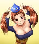  1girl blush breasts brown_hair cleavage double_v dragon_quest dragon_quest_viii dress earrings inuyasha_(43884322) jessica_albert jewelry large_breasts red_eyes slime_(dragon_quest) smile twintails v 