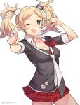  1girl blonde_hair blue_eyes breasts cleavage cosplay dangan_ronpa dangan_ronpa_1 enoshima_junko enoshima_junko_(cosplay) fire_emblem fire_emblem:_kakusei gebyy-terar hair_ornament liz_(fire_emblem) long_hair looking_at_viewer necktie open_mouth short_twintails skirt smile solo twintails v white_background 