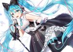  1girl :d bangs black_bow blue_bow blue_eyes blue_hair boots bow dress frilled_dress frills gijang gloves hair_bow hatsune_miku headphones long_hair looking_at_viewer magical_mirai_(vocaloid) microphone microphone_stand necktie open_mouth skirt sleeveless sleeveless_dress smile solo twintails very_long_hair vocaloid white_gloves 
