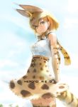  1girl animal_ears blonde_hair bow bowtie chikuwa_(tks) clouds copyright_name cowboy_shot elbow_gloves from_below gloves highres kemono_friends looking_at_viewer looking_to_the_side orange_eyes scarf serval_(kemono_friends) skirt sky smile solo tail thigh-highs 