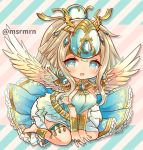  1girl :o bangs beige_wings between_legs blue_dress blue_eyes blush breasts character_request commentary_request diagonal-striped_background diagonal_stripes dress feathered_wings full_body hair_between_eyes hair_ornament hand_between_legs jewelry large_breasts light_brown_hair long_hair looking_at_viewer marshmallow_mille parted_lips puzzle_&amp;_dragons sidelocks sitting sleeveless sleeveless_dress solo twitter_username upper_teeth v_arms very_long_hair wariza wings 