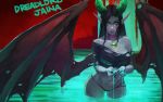  1girl absurdres alternate_costume amulet black_hair black_nails breasts character_name cleavage cupping_hands demon_girl demon_horns demon_wings dreadlord_jaina facing_viewer fingernails green_eyes green_sclera heroes_of_the_storm highres horns jaina_proudmoore large_breasts lips long_hair low_wings monori_rogue nail_polish navel pink_skin pointy_ears scar scar_across_eye sharp_fingernails solo torn_clothes wading warcraft wings world_of_warcraft 
