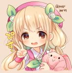  1girl :&gt; :d bangs beret blonde_hair blush brown_background brown_eyes collared_shirt eyebrows_visible_through_hair futaba_anzu green_ribbon hair_ribbon hat idolmaster idolmaster_cinderella_girls long_hair looking_at_viewer low_twintails marshmallow_mille object_hug open_mouth pink_hat pink_vest ribbon shirt short_sleeves simple_background smile solo striped_vest stuffed_animal stuffed_bunny stuffed_toy sweat twintails twitter_username v v-shaped_eyebrows very_long_hair white_shirt wristband 