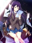  1girl blazer blue_skirt blush broken desk doki_doki_literature_club hair_ornament hairclip jacket kneehighs knife knife_in_mouth light light_particles long_hair macciatto_(aciel02) neck_ribbon paper purple_hair reading ribbon school_desk school_uniform sitting skirt slash solo stabbed violet_eyes yuri_(doki_doki_literature_club) 